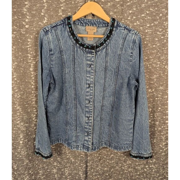 Vintage Choices Western‎ Beaded Denim Jacket Women's Petite M Turquoise Stone - Picture 1 of 9